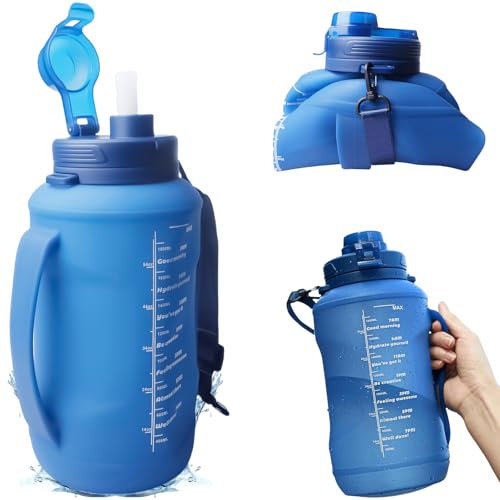 Kollabierbare Silikon-Wasserflaschen (2L), Auslaufsicher Trinkflasche mit Griff, Groß Sportflasche mit Strohhalm, Faltbar Sport & Outdoor-Wasserflaschen für Workout Training Herren, BPA-Frei