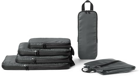 Amazon Essentials Packwürfel Kompression, Ultraleichte Organizer mit Reißverschluss, Recyceltes rPET, 6er-Pack, Grau, für Reisen