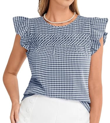 Belle Poque Chemisier à carreaux vintage à manches courtes plissées à col rond pour femme, Bleu marine et blanc., M