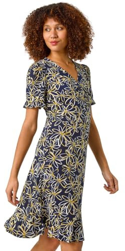 Roman Originals Tea Dress for Women UK Ladies Frill Hem Skater Wrap Jersey Stretchy Fit & Flare Flattering Knee Length Cocktail Party Occasion Holiday Going Out - Yellow - Size 20