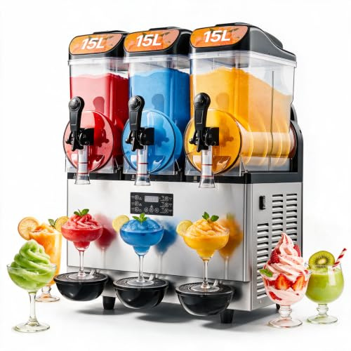 VEVOR Macchina per Bevande Ghiacciate Commerciale 15Lx3 in Acciaio Inox | Preparazione di Granita Slushy Frullati, Serbatoio Triplo, da -10℃ a 10℃, Ristorante, Feste, Evento, Catering, Caffetterie
