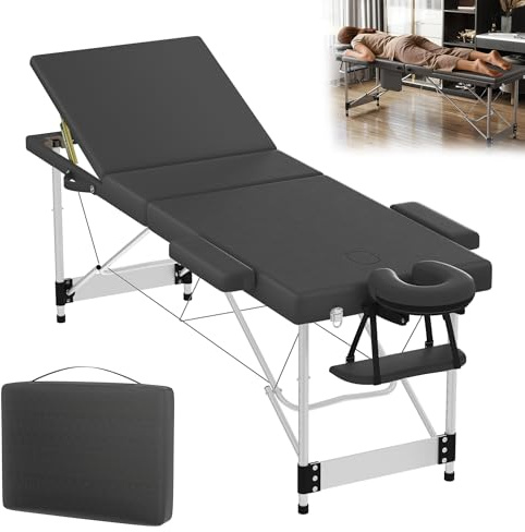 YRHome Schwarz Mobile Massageliege klappbar – 3 Zonen Alu Massagetisch höhenverstellbar (8 Stufen) – Tragbar Massagebett mit Kopfstütze, Armlehnen & Tasche für Kosmetik, Wellness & Physiotherapie