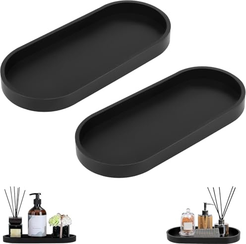 2 Stück adezimmerTablett Schwarz Silikon Ablageschale, Oval, Ablageschale Kosmetik Kleines Oval Tablett für Badezimmer, Küche, Kosmetik,Waschbecken, Badewanne und Küchenspüle