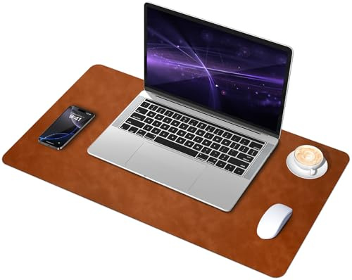 BLESWIN Distressed Desk Pad, Suede & Leather Desk Pad, Non-Slip Computer Mat, Mouse and Keyboard Mat, Waterproof Desk Desktop Mat for Writing, Desk Pads & Blotters for Office Home (Tan, 60x34CM)