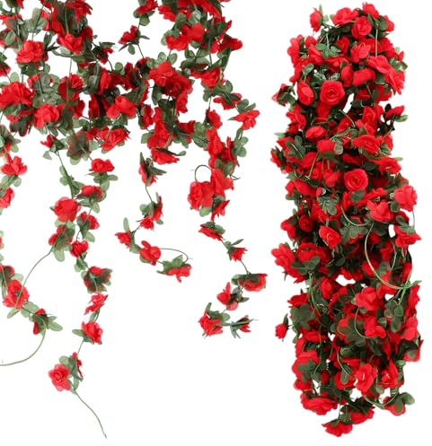 EUWLY Künstliche Rosenranken 8er Set - 94.5IN Kunstblumen Ranken Deko mit 45 Blüten pro Ranke - Künstliche Rosen Girlande Hochzeit Deko für Wohnzimmer, Hochzeit, Party(Rot)