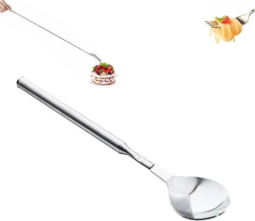 Extra Long Fork Prank,Retractable Long Handle Extension,Extendable Stainless Steel Dinner Fruit Dessert Spoon for Meal,Telescopic Dessert Fruit Tableware Supplies (Spoon)