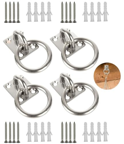 4 Pack Horse Tie Up Rings with Screw Expansion Tube Haynet Ring 30mm x 35mm | Tie Rings for Horses Tie Ring on Plate for Equestrian Horse Stables Heavy Duty Steel Horse Tie Ring for Dogs, Horses, Hay Net