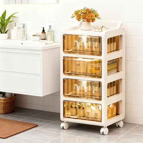 GarveeHome Kunststoff Schubladenschrank mit Rollen, 4-stöckiger Rollwagen Schlafzimmer Nachtschrank mit Rollen, 33 x 38 x 91 cm Mobiler Aufbewahrungsschrank auf Rollen für Haus und Büro, Küche