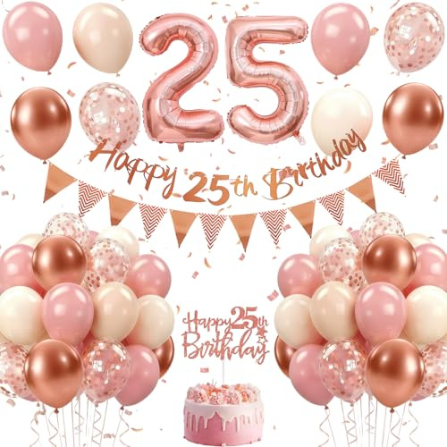 25. Geburtstag Deko Roségold, Luftballon Deko 25. Geburtstag für Jungen und Mädchen, Rosé gold Vintage-Rosa Rose-gold-Pailletten Luftballons Girlande mit Tortendeko für Geburtstagsdeko 25 Jahr