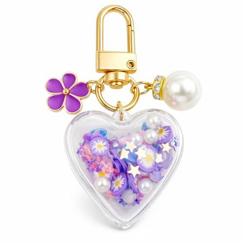 VEOWOO Heart Keyring – Valentine's Day Keychain Bag Charm for Women with Pearls and Flower, Cute Keychains Gifts for Couples, Girls, Friends - Purple