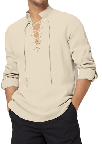 Vasreyy Uomo Magliette Casual retrò in Misto Lino E Cotone A Maniche Lunghe con Collo A V E Lacci Magliette Estive Traspiranti in Tinta Unita vestibilità Ampia Ideali per La Spiaggia E Le Vacanze