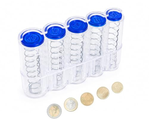 Münzbox Euro mit 5 Fächern, Transparenter Münzsortierer für 2€, 1€, 50 Cent, 20 Cent & 10 Cent, Kleingeld Aufbewahrung mit Schnappverschluss für Auto, Reisegepäck, Kasse & Haushalt
