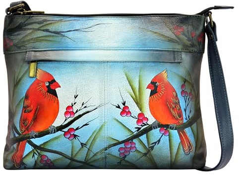 Anna by Anuschka Women Hand Painted Genuine Leather Medium Crossbody Damen-Umhängetasche, handbemalt, echtes Leder, mittelgroß, Blau