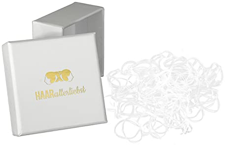 HAARallerliebst Haargummis klein – 250 Mini Haargummi (transparent, 1 cm) – Dünne Gummibänder für Haare und Bart – Kleine Haargummis inkl. Schachtel weiss