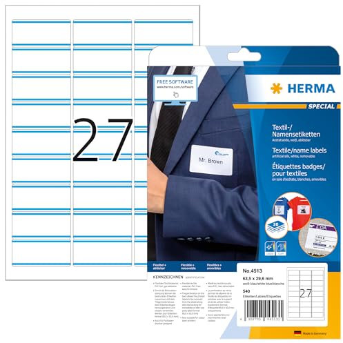 HERMA 4513 Namensetiketten ablösbar, 20 Blatt, 63,5 x 29,6 mm, 27 pro A4 Bogen, 540 Stück, selbstklebend, bedruckbar, rückstandsfrei abziehbare Acetatseide Namensaufkleber Etiketten, weiß blau