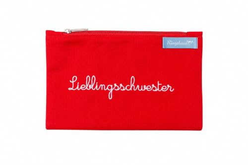Kosmetiktäschchen Lieblingsschwester – Geschenk für Schwester – Baumwoll Täschchen mit Stickerei – kleines Kulturbeutel Etui rot weiß – fair hergestellt – Ringelsuse
