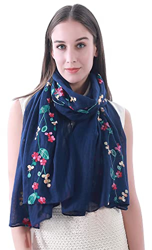Lina & Lily Damen Schal mit Blumen Bestickt in Verschiedenen Farben (Marine Blau)