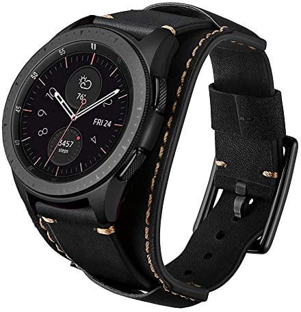 Leotop Compatible with Samsung Galaxy Watch 6 Classic 43mm 47mm/Watch 4 40mm 44mm/Watch 4 Classic 42mm 46mm/Galaxy Watch 3 41mm/Active 2 40mm 44mm Bands 20mm Genuine Leather Cuff Strap.(20mm,Black)