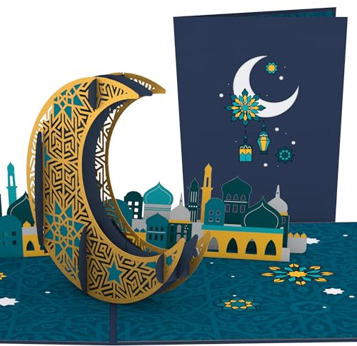Lovepop® 3D Pop-Up Karte Eid Mubarak Ramadan Zuckerfest Premium Grußkarte mit goldenem Halbmond | inkl. Umschlag | Fach für Geldgeschenke