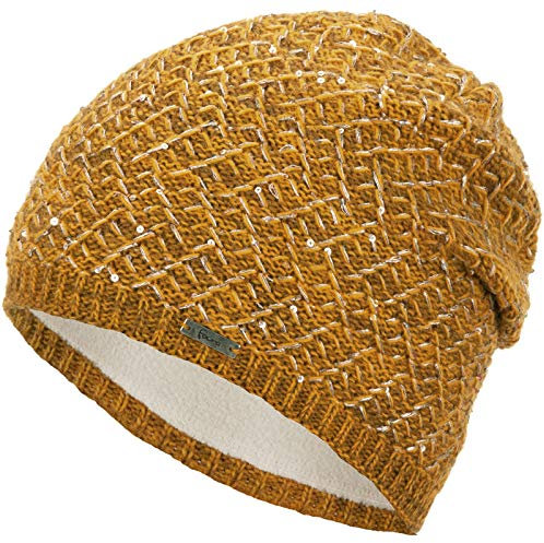 Faera Wintermütze Mütze Damen Pailletten warm gefüttert Wintermütze Mädchen Frauen Fleecefutter Winter Strickmütze Beanie, Farbe:Senf
