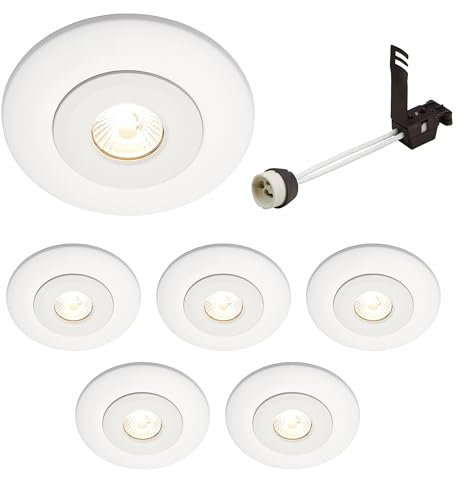 National Lighting Spotlight Hole Converter, Recessed Matt White Ceiling Lights, GU10 Halogen or LED, Dimmable Downlights Conversion Kit 65mm-125mm IP20 Rated - Pack of 6