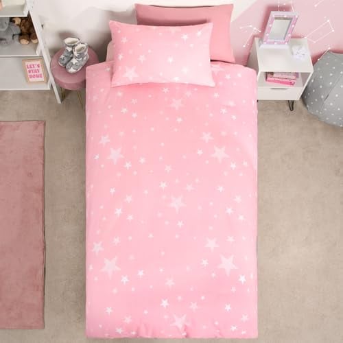Dreamscene Junior Duvet Cover Set, Super Soft Warm Cosy Textured Star Design Cot Bedding for Girls Stylish Reversible Toddler Bedding Set & Pillowcase - Blush Pink/Grey