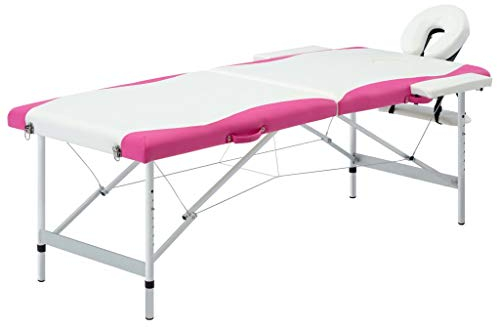 vidaXL Massagetisch Klappbar 2 Zonen mit Tragetasche Therapie Massageliege Massagebank Kosmetikliege Therapieliege Massage Liege Aluminium Weiß Rosa