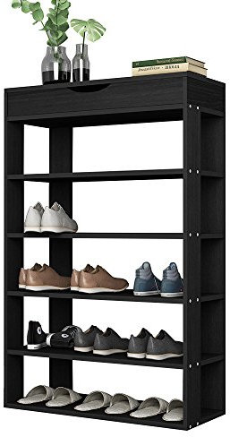 SogesPower Zapatero de 5 estantes, Zapatero de Almacenamiento de Madera, Organizador de Zapatos, Zapatero de Entrada, con Gabinete Superior, 75 x 30 x 94.5 cm, Negro