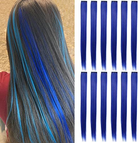 Fcysws 12 farbige Clip-In-Haarverlängerungen,21inch, hitzebeständig, synthetisch, glatt, für Frauen und Mädchen, Geschenk, mehrfarbig, Party-Highlights, Clip-in-Haarteil (blau)