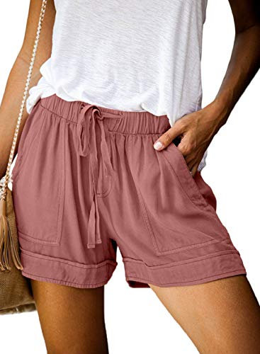 heekpek Pantaloncini Corti Donna Eleganti Vita Alta Casual Pantaloni Sciolto Shorts con Cintura Elastica e Due Tasche Laterali Confortevole Traspirante Estivi Ragazza Pantaloncino, Rosa, S
