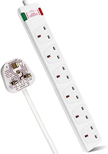EXTRASTAR 6 Way Extension Leads with Surge Protection, 13A 3120W Approved British UK Wall Mounted Power Strips with 5 Metre Extension Cord for Home, Office - White