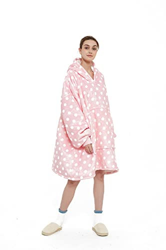 iyoimono Hoodie Decke für Damen Flanell Fleece Pullover Sweatshirt Decke Flauschige Sherpa TV-Decke mit Ärmeln Übergroße Kapuzen Pullover Kuscheldecke Einheitsgröße(Rosa weiße Punkte)