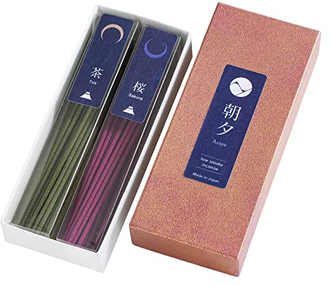 Asayu Japanese Low Smoke Incense Sticks Traditional Fragrance Set - Green Tea and Cherry Blossom - ca. 40 sticks, 20g (2x) - Made in Japan - Quality Variety Pack, Natural Material, Multipack