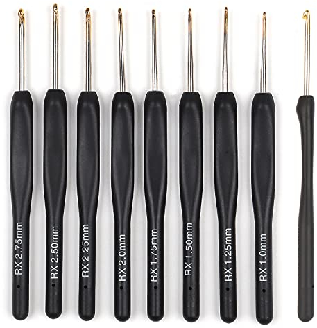 Coopay 8 Stück Feine Häkelnadeln mit Schwarz Weicher Griff, 1,0 mm, 1,25 mm, 1,5 mm, 1,75 mm, 2,0 mm, 2,25 mm, 2,5 mm, 2,75 mm Spitze Häkelnadel Set Ideal für Spitze und Dünnes Garn