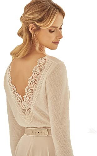 Generisch Brautpullover mit Spitze Brautpulli Brautstola Stola Cape Braut Pullover Kashmir Effekt tiefer Rückenausschnitt Brautjacke Langarm Hochzeit Winter Cape Ivory NEU (40)