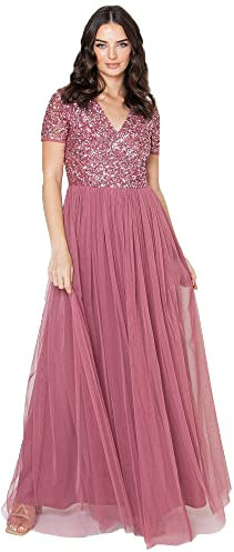 Maya Deluxe Damen Women's V Neckline Embellished Neck Maxi Dress Short Sleeve Empire Waist Prom Graduation Bridesmaid Wedding Guest Brautjungfernkleid, Desert Rose, 48 EU