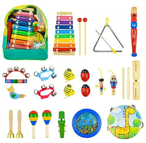 27-Teiliges Musikinstrumente Kinder Musical Instruments Set, Kikuo Holzinstrumente Kinder, Holz Percussion Set Schlagzeug, Rhythm Toys, Fördert Die Frühe Entwicklung, Inklusive Rucksack
