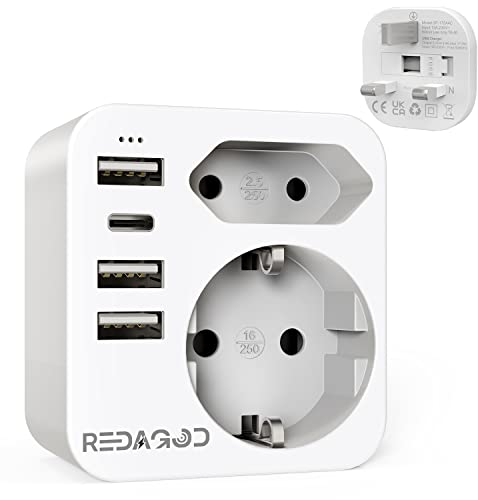 Redagod Adattatore spina inglese UK, adattatore da viaggio con 2 prese e 3 USB e 1 Type-C, Francia Europa a Regno Unito per Irlanda Dubai Maldive, caricabatterie, tipo G