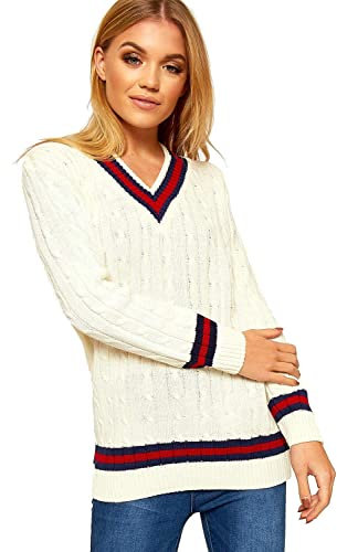 COMFYLOT & KK TRADERS MCR LTD® Ladies V Neck Cable Knitted Cricket Jumper - Womens Stretch Long Sleeve Stripe Top Sweatshirt (Cream, 12-14)