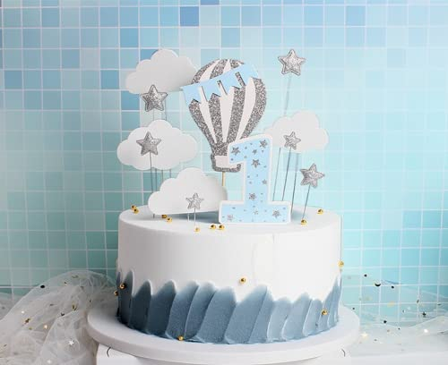 12 Pack Hot Air Balloon Cake Topper with White Cloud Little Stars for Boys First Birthday Party Decorations (Blue)