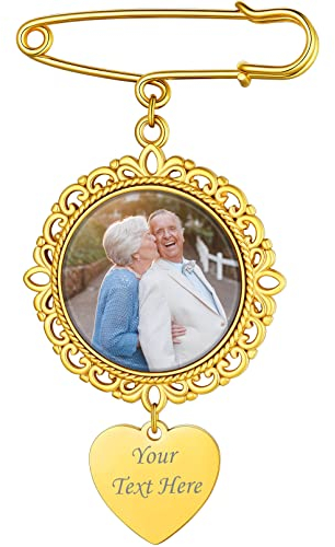 Custom4U Personalisierte Foto Broschen Pin Damen Frauen Edelstahl Rund Broschen Anstecknadeln für 2 Fotos Memorial Brautstrauß Anhänger Foto Charm Gold für Hochzeit Boutonniere Brautstrauß