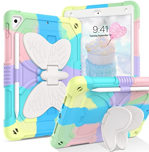 YINLAI iPad 9th & 8th Gen Case - 2021/2020 Two Layer Bumper Shockproof Butterfly Stand Protective Full Body Kid Cover Case for 10.2 Inch iPad, Colorful Green Camo
