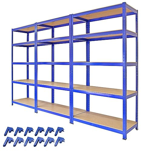 3 x Racking Shelving Unit Blue Warehouse Storage Compartments Shed Garage Shelving Utility Storage Metal Units with Rubber Mallet & Bay Connecters 280kg Load per Shelf., 180cm x 90cm x 45cm