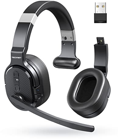 TECKNET Auricular Bluetooth con Micrófono, Auriculares Inalámbricos con Cancelación de Ruido Botón de Silencio en la Oreja para Computadora Centro de Llamadas de Skype Conductor de Camión de Oficina
