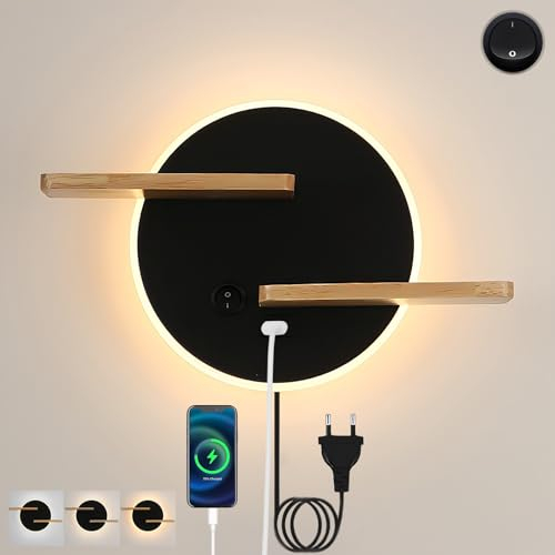 Wandleuchten Interieur LED Wandlampe mit schalter und USB Ladeanschluss Nachttischlampe 3 Farben Einstellbar Kinder Leselampe mit Holzen Regal Wandbeleuchtung für Wohnzimmer Schlafzimmer, Schwarz