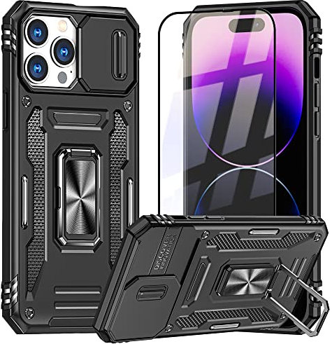 AKABEILA Case Screen Protector for iPhone 11 Pro Phone Case Tempered Glass Protective Film TPU PC Hybrid Case Cover Rotate Stand Slide Camera Protection 5.8 Black