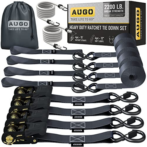 AUGO Ratchet Tie Down Straps –4 PK– 15 FT – 2,200 LB Break Strength – Safety Lock S Hooks –for Moving Cargo, Appliances, Lawn Equipment, Motorcycle – Includes 2 Bungee Cords, 4 Soft Loops, Storage Bag