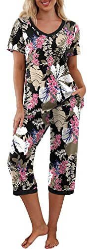 PrinStory Ensemble de pyjama pour femme avec chemise à manches courtes et pantalon capri avec poches, Fleurs roses à grandes feuilles, L