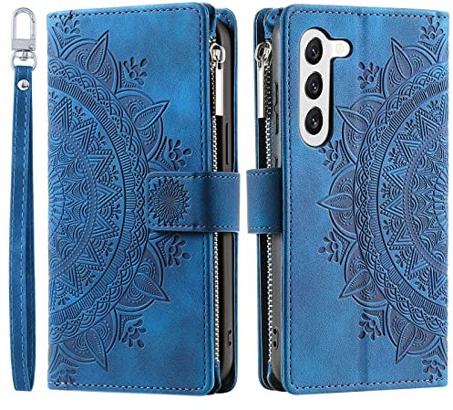 VEEMOS Wallet Case for Samsung Galaxy S23 5G Flower Flip Case Protective Leather Folio Book Phone Cover with Card Slots Kickstand Zipper Pocket - Blue