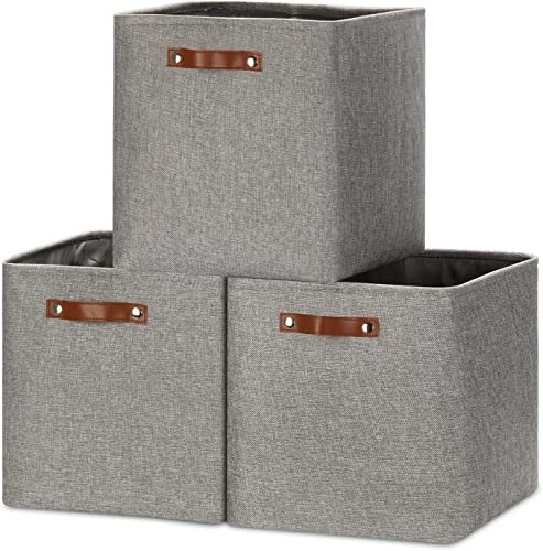 Mangata Collapsible Storage Cube Boxen, 28CM Cube Leinen gewebtes Gewebe Lagerung Körbe mit Leder Griffe 3PCS(Grau)